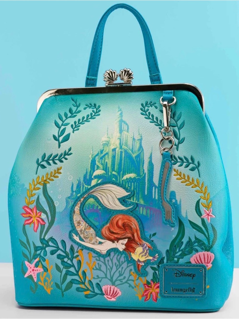 NEW Loungefly Disney Little Mermaid ARIEL Atlantica Flounder Kisslock Backpack